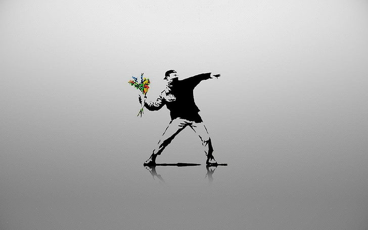 buket çiçek tutan adam küçük resim, sanatsal, grafiti, Banksy, HD masaüstü duvar kağıdı