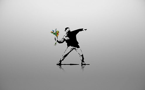 homem segurando buquê flores clip-art, artística, grafite, banksy, HD papel de parede HD wallpaper