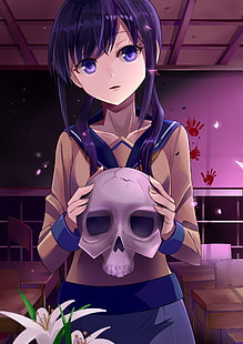 시노자키 아유미, 시체 파티, 교실, 두개골, 교복, 애니메이션, HD 배경 화면 HD wallpaper