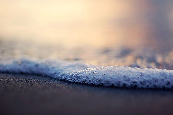 sand, sea, beach, foam, water, bubbles, shore, wave, blur, HD wallpaper