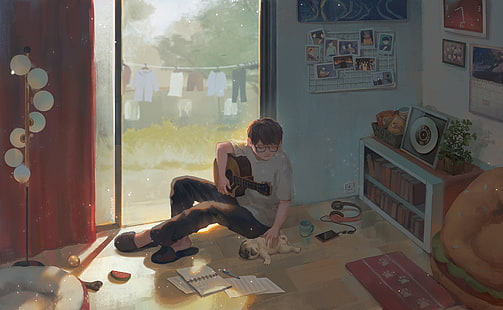 Anime, originale, ragazzo, cane, chitarra, stanza, Sfondo HD HD wallpaper