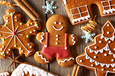 Gingerbread, holiday, tree, cookies, Christmas, man, sweets, New year, figures, cookie, snowflake, cakes, glaze, HD wallpaper HD wallpaper