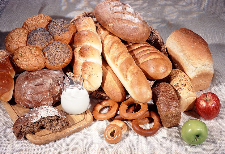 toast bread lot, bread, pastries, apples, biscuits, HD wallpaper