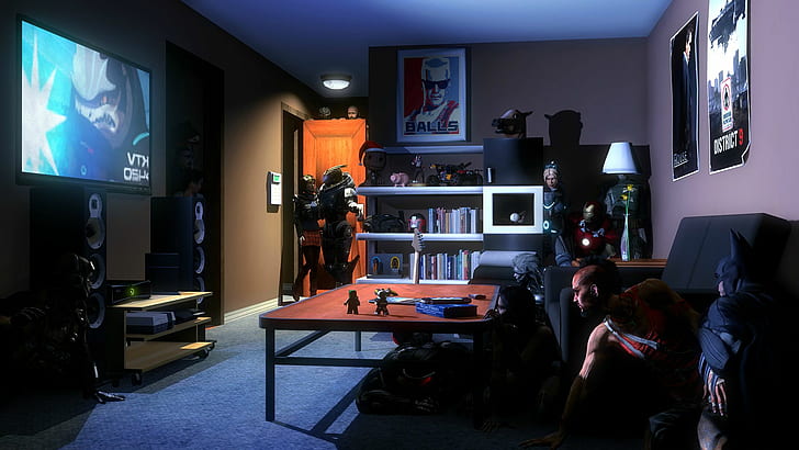 Room Surprise Party Mass Effect HD, кафява дървена правоъгълна маса и телевизор с плосък екран, видео игри, ефект, маса, стая, парти, изненада, HD тапет