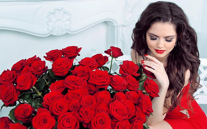 adorable, beautiful, beauty, brunette, elegant, flower, girl, gorgeous, lady, love, lovely, photography, pretty, red, romantic, roses, serene, sweet, woman, HD wallpaper