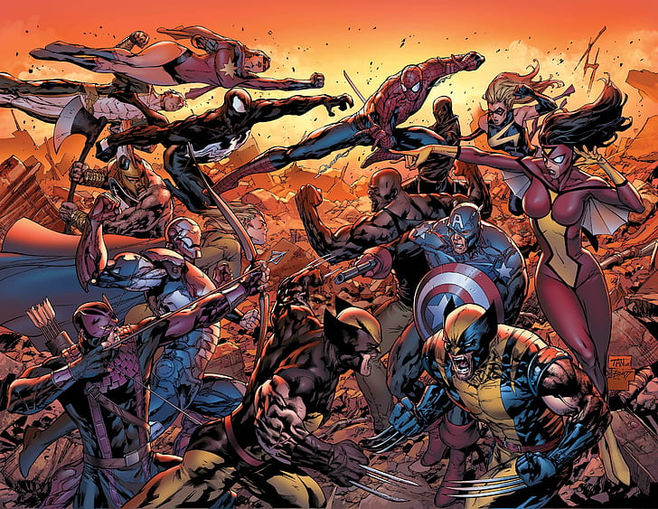 어벤져 스, 새로운 어벤져 스, 어벤져 스, 캡틴 아메리카, Hawkeye, Iron Man, Ms. Marvel, Spider-Man, Spider-Woman, Venom, Wolverine, HD 배경 화면