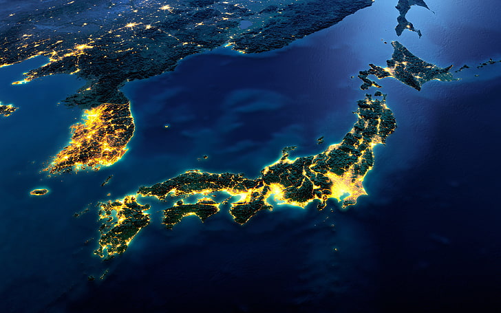 fotografia de vista aérea da ilha, corpo de água, Japão, Coréia do Sul, espaço, países, luzes da cidade, Oceano Pacífico, Coréia do Norte, China, foto de satélite, dokdo, HD papel de parede