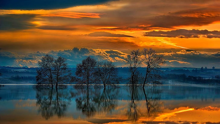отражение, небо, природа, облако, пейзаж, послесвечение, дерево, вода, закат, оранжевое небо, отражение, спокойствие, озеро, HD обои