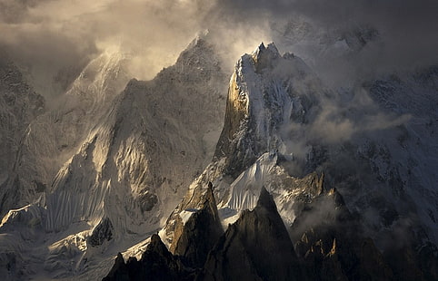 montanha coberta de neve, luz solar, montanhas, Himalaia, pico nevado, nuvens, natureza, paisagem, HD papel de parede HD wallpaper