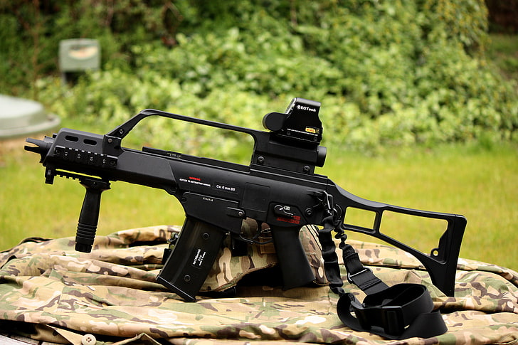 schwarzes softairgewehr, waffen, maschine, gewehr, angriff, hk g36c, HD-Hintergrundbild