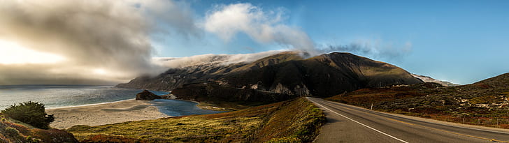 gray concrete road near body of water and mountains, big sur, big sur, gray, concrete road, body of water, mountains, big sur  california, summer, pacific highway, panorama, outdoor, honeymoon, on the road, clouds, hills, canon, 105mm, nature, iceland, mountain, landscape, scenics, outdoors, cloud - Sky, volcano, travel, sky, road, HD wallpaper