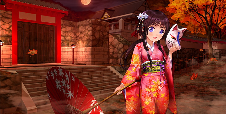 chicas anime, vestimenta tradicional, kimono, personajes originales, anime, máscara, paraguas, Fondo de pantalla HD