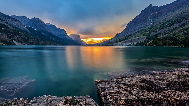 nature, landscape, mountains, trees, rocks, water, sunset, clouds, Monsoon, Saint Mary Lake, long exposure, Glacier National Park, Montana, USA, HD wallpaper