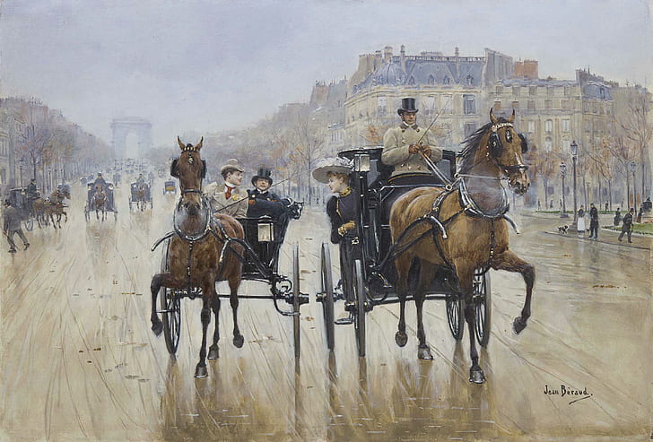 painting, Jean Beraud, classical art, Paris, horse, cityscape, artwork, HD wallpaper
