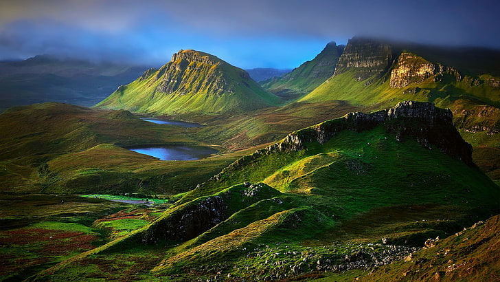green highland, nature, landscape, mountains, hills, clouds, Skye, Scotland, UK, rock, lake, grass, HD wallpaper