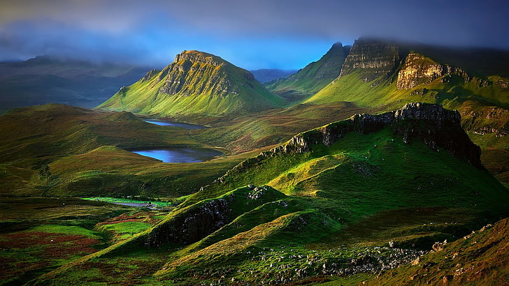 İskoçya, doğa, göl, İngiltere, bulutlar, tepeler, çimen, manzara, Skye, kaya, dağlar, HD masaüstü duvar kağıdı