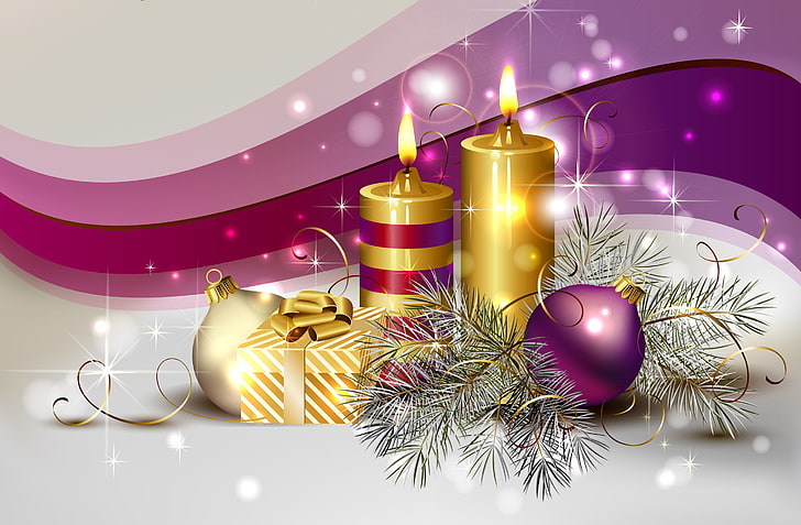 candles and purple bauble illustration, color, decoration, gold, box, balls, ball, beauty, colors, candles, Christmas, gifts, golden, new year, Happy New Year, beautiful, pink, winter, pretty, gracefully, Merry Christmas, gift, purple, holiday, soft, cool, lovely, nice, elegantly, delicate, candle, ribbon, thin, HD wallpaper