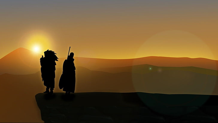 silhouette di due persone in piedi, Naruto Shippuuden, Uchiha Madara, Uchiha Obito, silhouette, riflesso lente, scogliera, Tobi, anime, Sfondo HD