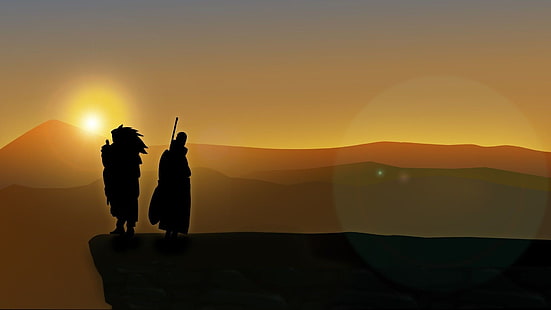 silhouette di due persone in piedi, Naruto Shippuuden, Uchiha Madara, Uchiha Obito, silhouette, riflesso lente, scogliera, Tobi, anime, Sfondo HD HD wallpaper