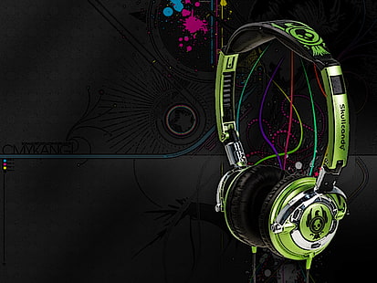 Auriculares HD, auriculares con cordón de calavera verde y negra, música, auriculares, Fondo de pantalla HD HD wallpaper