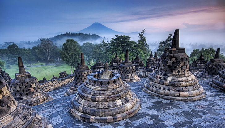 Piękny Borobudur, ruiny z brązowego i szarego betonu, świat, Indonezja, religijne, budda, Tapety HD