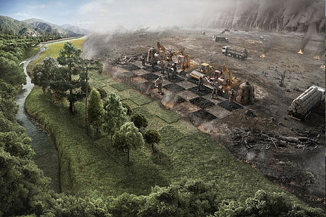 ambiente scacchi costruzioni veicoli natura alberi umore scuro piante distruzione arte digitale fuoco, Sfondo HD HD wallpaper