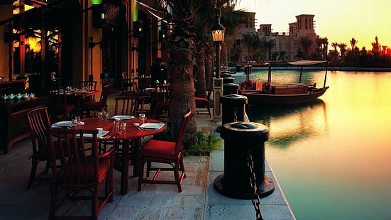 مقهى ، ماء ، قارب ، مطعم ، مدينة، خلفية HD HD wallpaper