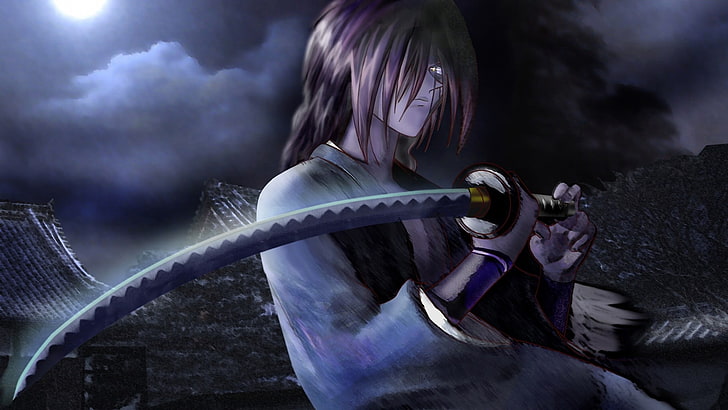 mężczyzna trzymający miecz ilustracja, anime, Rurouni Kenshin, miecz, Himura Kenshin, katana, noc, Samurai X, Tapety HD