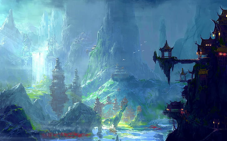 mountain and body of water illustration, oriental, Asian architecture, fantasy art, HD wallpaper