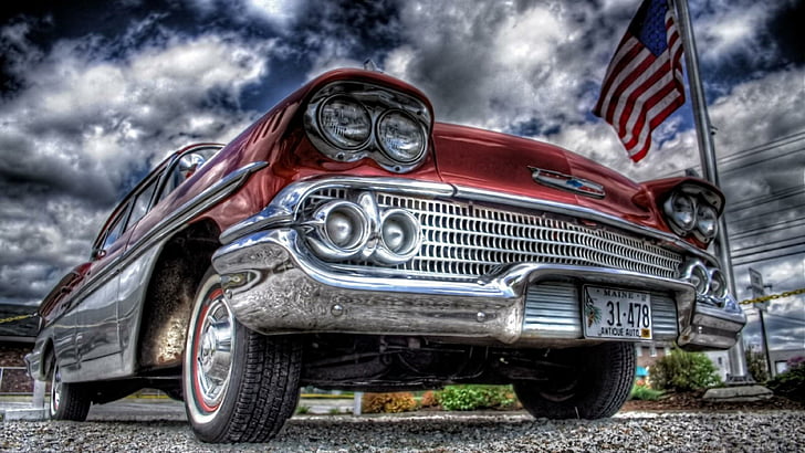 Oldtimer, alt, Auto, alte Schule, USA-Flagge, rotes Auto, altes Auto, Cadillac, Fahrzeug, Klassiker, Oldtimer, antikes Auto, HD-Hintergrundbild