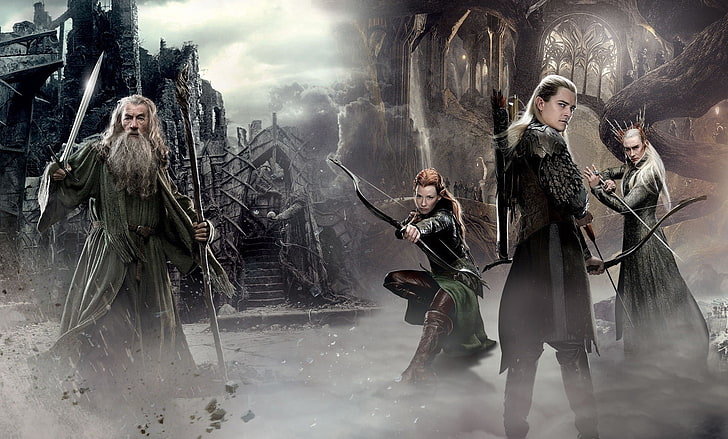 The Lord of the Rings wallpaper, sword, sky, clouds, The Lord of the Rings, elf, Gandalf, Legolas, film, bow, The Hobbit, mage, mist, archer, 2013, staff, debris, The Hobbit The Desolation of Smaug, archery, J.R.R. Tolkien, Gray wizard, 2nd movie, Middle Earth, Protectors of Middle Earth, white mage, HD wallpaper