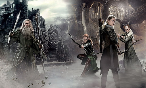 The Lord of the Rings wallpaper, sword, sky, clouds, The Lord of the Rings, elf, Gandalf, Legolas, film, bow, The Hobbit, mage, mist, archer, 2013, staff, debris, The Hobbit The Desolation of Smaug, archery, J.R.R. Tolkien, Gray wizard, 2nd movie, Middle Earth, Protectors of Middle Earth, white mage, HD wallpaper HD wallpaper