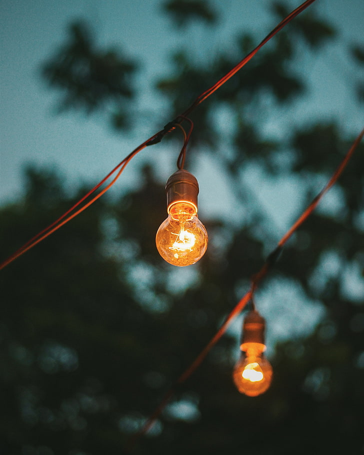 zwei braune Edison-Glühbirnen, Lampe, Elektrizität, Licht, Drähte, Unschärfe, HD-Hintergrundbild, Handy-Hintergrundbild