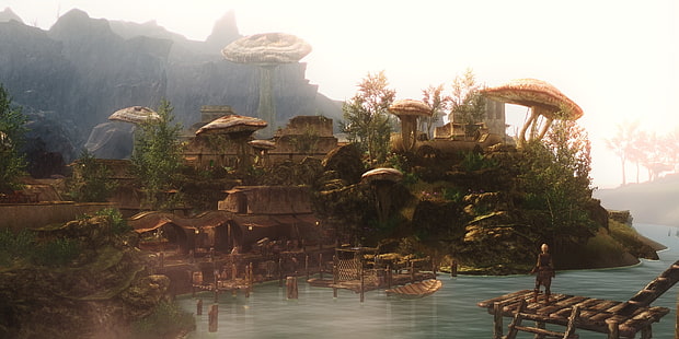 кафява и зелена покривка за горска игра, компютърни игри, изстрел на екрана, The Elder Scrolls III: Morrowind, фантастичен град, фантастичен град, HD тапет HD wallpaper