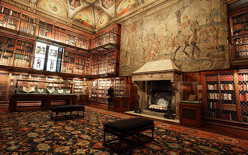 библиотека со стулом и камином, книги, библиотека, интерьер, живопись, камин, ковры, Манхэттен, HD обои HD wallpaper
