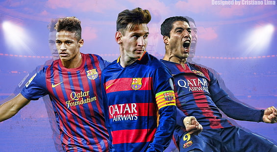 Трио на Барселона - Меси, Суарес и Неймар, мъжка синя и червена фланелка на Катар, спорт, футбол, HD тапет HD wallpaper