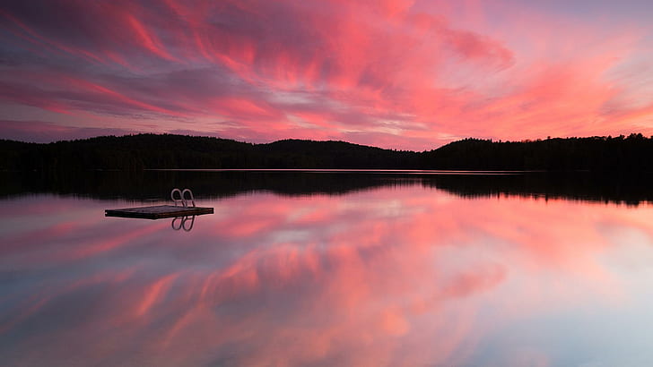 Glorious Calm Lake, fotografia łodzi na oceanie, jezioro, rampa, brzeg, zachód słońca, chmury, przyroda i krajobrazy, Tapety HD