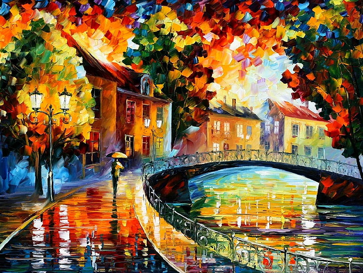 orang berjalan di trotoar sambil memegang lukisan payung, lukisan, Leonid Afremov, jatuh, berwarna-warni, jembatan, Wallpaper HD