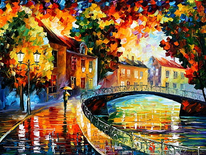 osoba idąca chodnikiem trzymając parasolkę malowanie, malowanie, Leonid Afremov, jesień, kolorowy, most, Tapety HD HD wallpaper