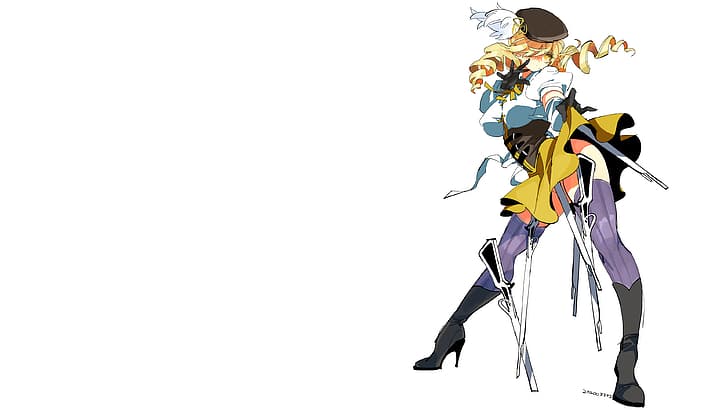 Mahou Shoujo Madoka Magica, 토모에 마미, 애니메이션, 애니메이션 소녀들, 총, 흰색 배경, HD 배경 화면