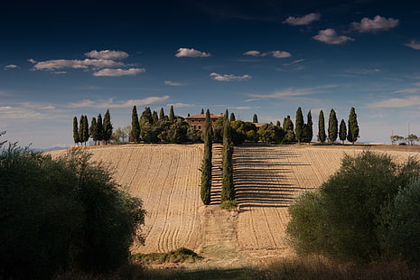 alberi, colline, nuvole, campo, cielo, casa, da solo, natura, Toscana, gladiatore (film), Sfondo HD HD wallpaper