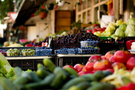 mercados, cidade, comida, legumes, fruta, cerejas, mirtilos, tomate, pepino, framboesas, alface, HD papel de parede HD wallpaper