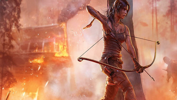 Lara Croft - Tomb Raider, yanan bina yakınında kompozit yay kullanan kadın sanat eseri, oyunlar, 1920x1080, mezar baskını, lara croft, HD masaüstü duvar kağıdı