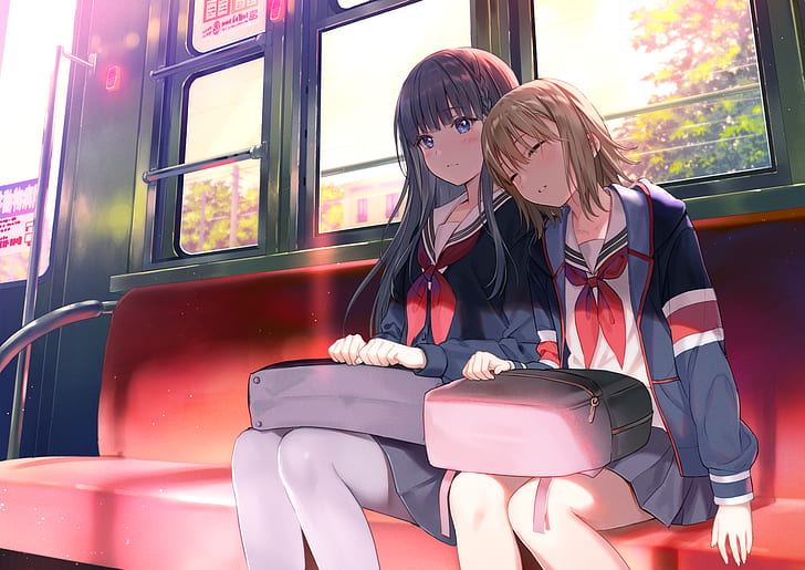 school uniform, anime girls, anime, yuri, sailor uniform, closed eyes, sleeping, sitting, train, blushing, HD wallpaper