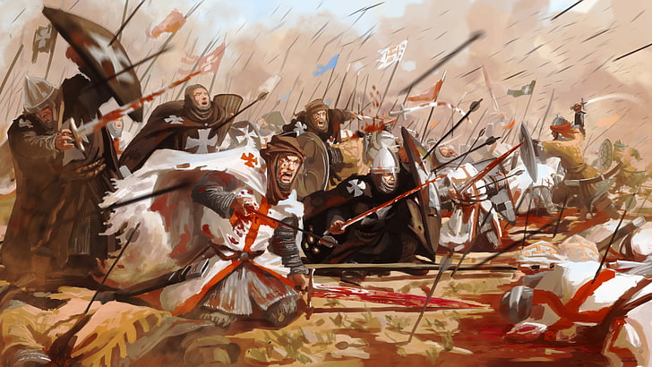 средневековые рыцари, иллюстрация, битва, битва, тамплиеры, госпитальеры, HD обои