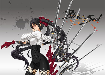 anime, dziewczyny anime, Blade and Soul, długie włosy, czarne włosy, czerwone oczy, miecz, broń, Tapety HD HD wallpaper