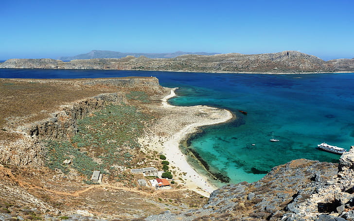 Crete Cove, aqua, beaches, blue, brown, coastal, crete, desert, greece, nisosgramvousa, ocean, photography, seascape, turquoise, water, HD wallpaper