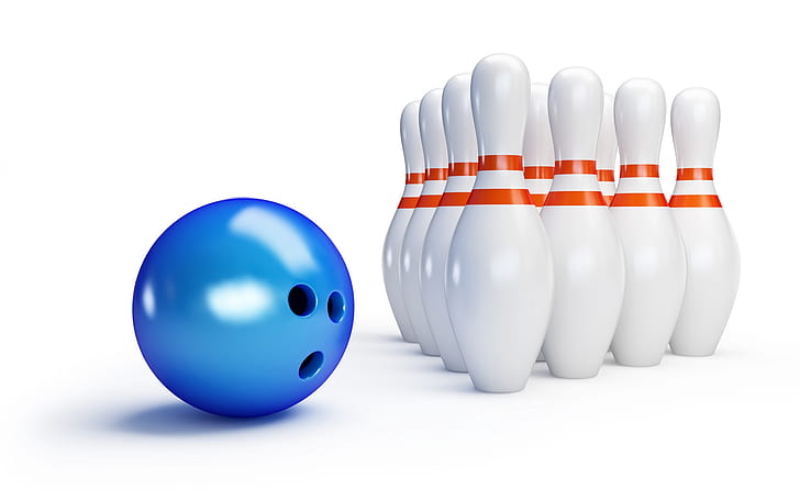 Bowling, blue bowling ball and bowling pins, pins, ball, blue, white, HD wallpaper