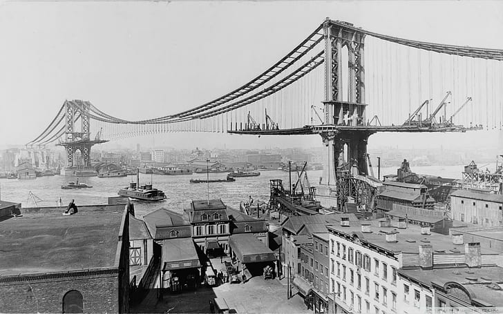 Manhattan Bridge Under Construction, river, brooklyn, bridge, vintage, nature and landscapes, HD wallpaper