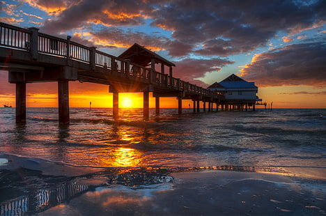 praia, pôr do sol, furar, Flórida, EUA, Clearwater Beach, HD papel de parede HD wallpaper